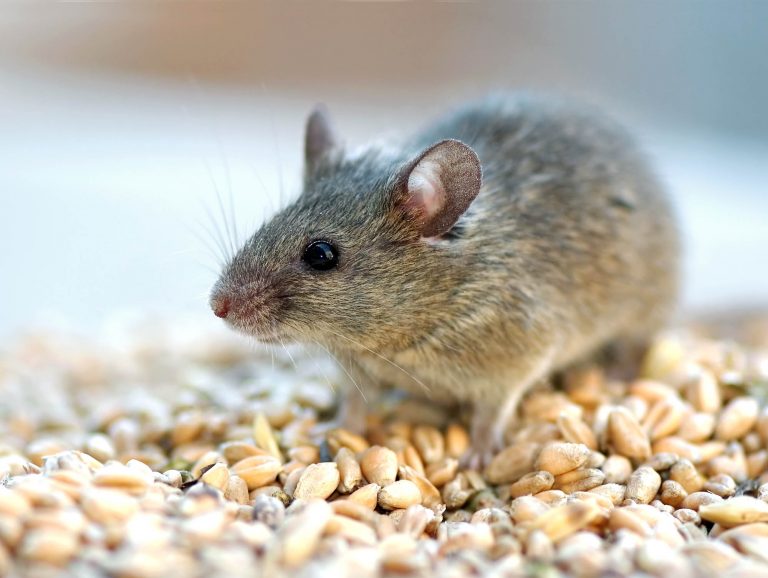 house mouse on top of grains
