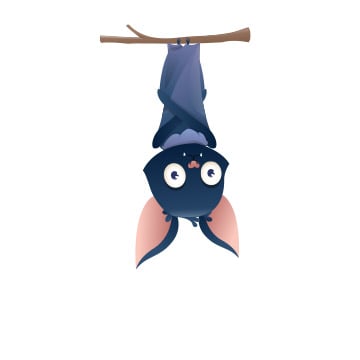 cartoony illustration of a bat hanging upside down