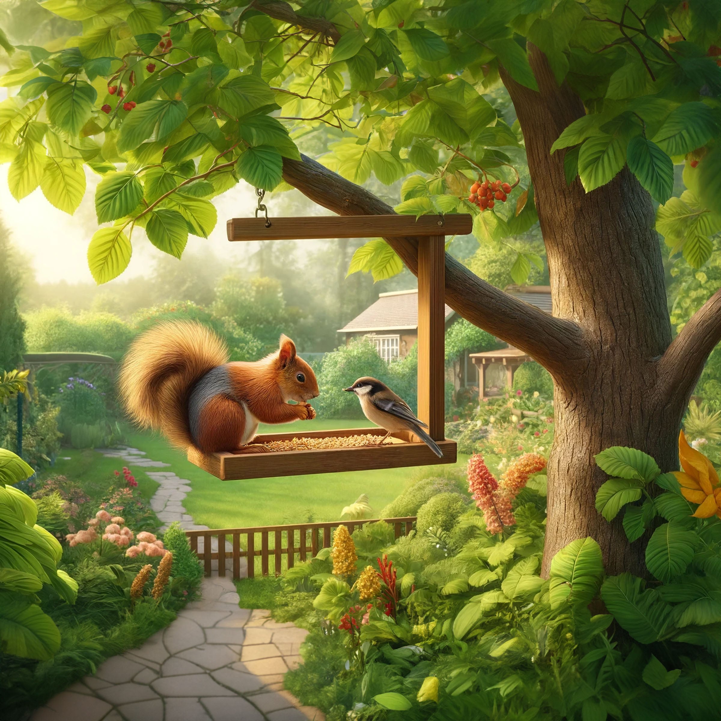 sparrow bird watches a squirrel eat bird seeds in the feeder